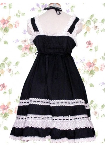 White And Black Square-collar Sleeveless Natural Knee-length Gothic Lolita Dress With Lace Trim Style