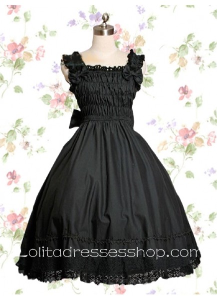Black Scalloped-Edge Sleeveless Empire Cotton Gothic Lolita Dress With Pleats And Lace Trim