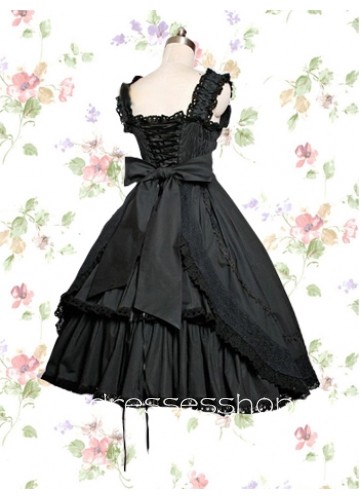 Black Scalloped-Edge Sleeveless Empire Cotton Gothic Lolita Dress With Pleats And Lace Trim