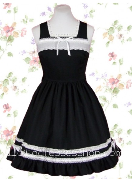 Square Sleeveless Empire Knee-length Cotton Gothic Lolita Dress With Ruffles And Ribbon