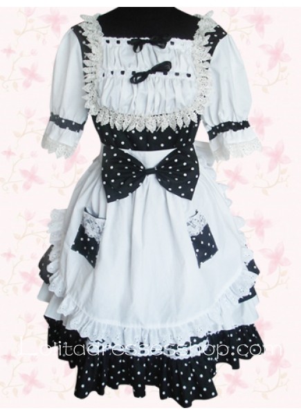 Black And White Square-collar Half Sleeves Knee-length Gothic Lolita Dress With Bow Style