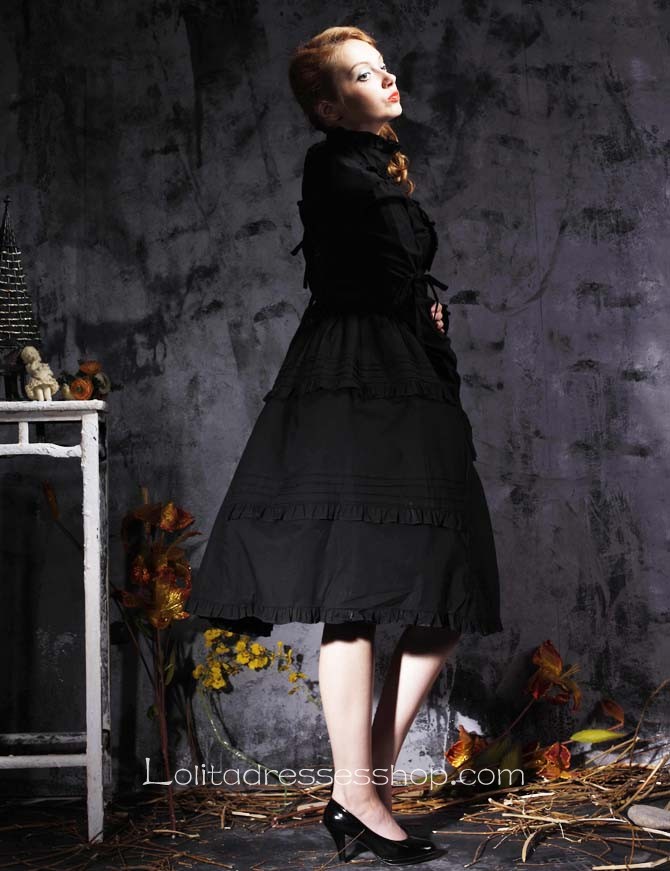 Black Stand Collar Long Sleeves Empire Tea-length Gothic Lolita Dress With Button