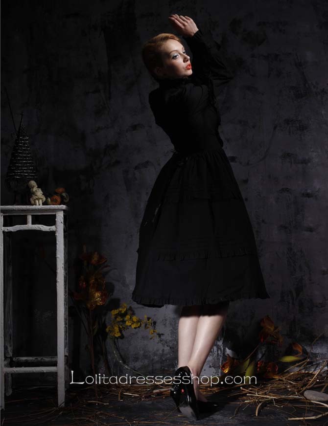 Black Stand Collar Long Sleeves Empire Tea-length Gothic Lolita Dress With Button