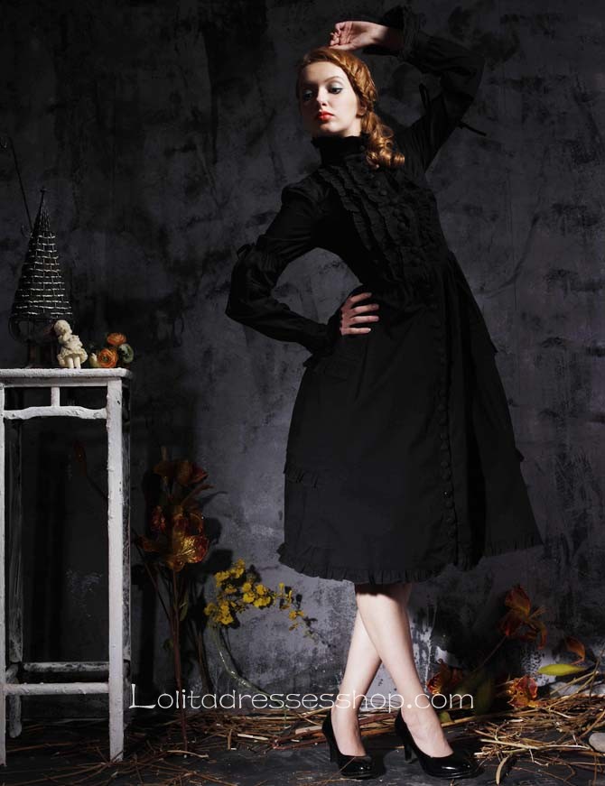 Black Stand Collar Long Sleeves Empire Tea-length Gothic Lolita Dress With Button