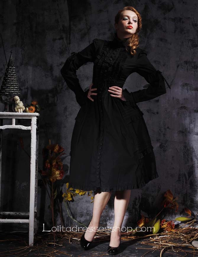 Black Stand Collar Long Sleeves Empire Tea-length Gothic Lolita Dress With Button