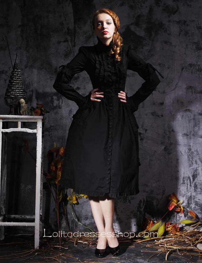 Black Stand Collar Long Sleeves Empire Tea-length Gothic Lolita Dress With Button