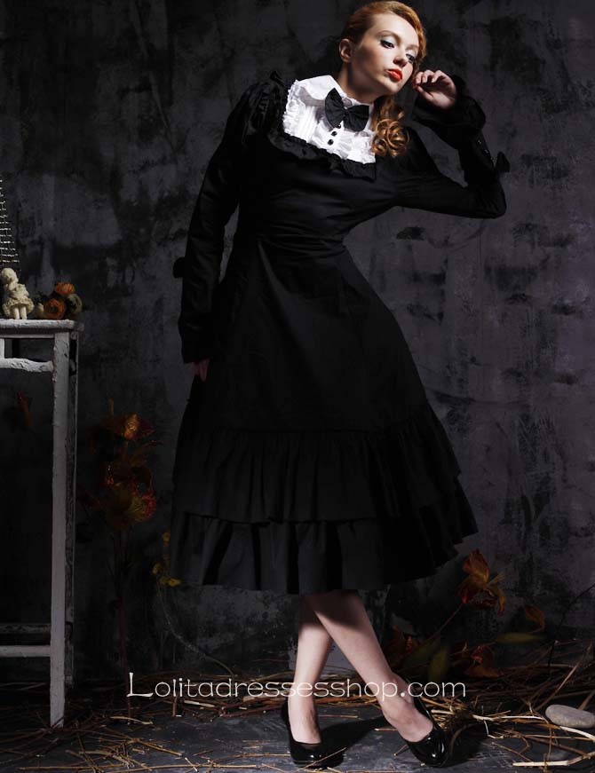 Black Turndown Collar Long Sleeve Empire Tea-length Gothic Lolita Dress With Ruffles And Bows