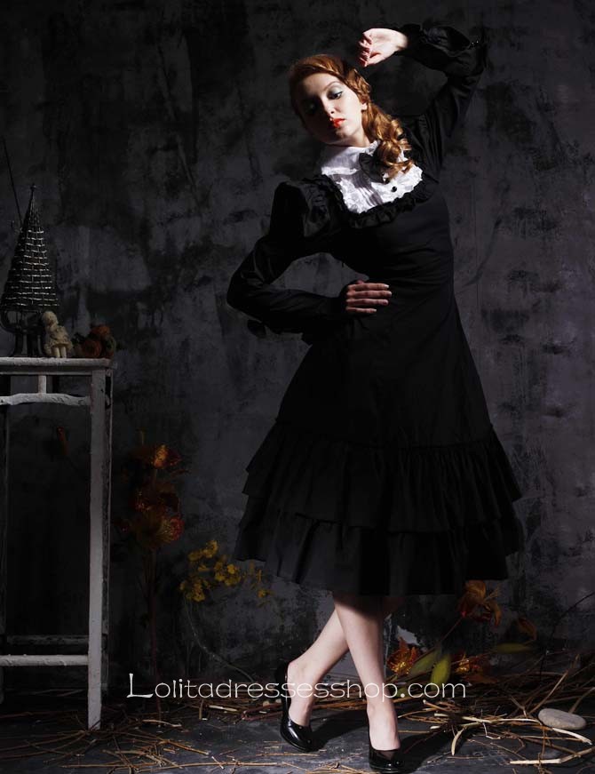 Black Turndown Collar Long Sleeve Empire Tea-length Gothic Lolita Dress With Ruffles And Bows