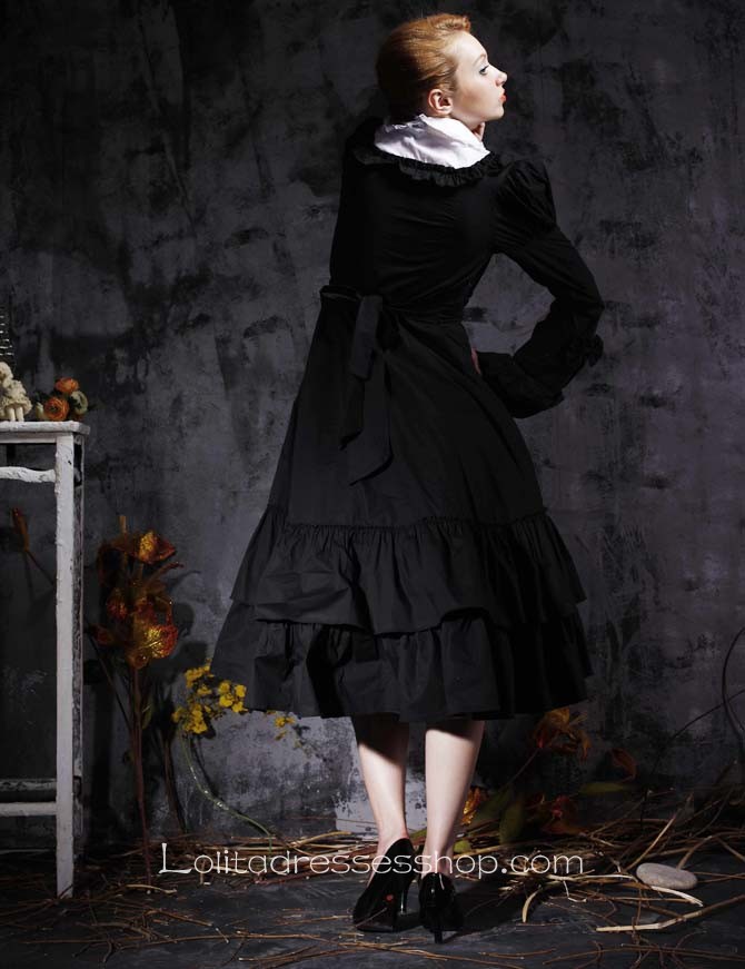 Black Turndown Collar Long Sleeve Empire Tea-length Gothic Lolita Dress With Ruffles And Bows