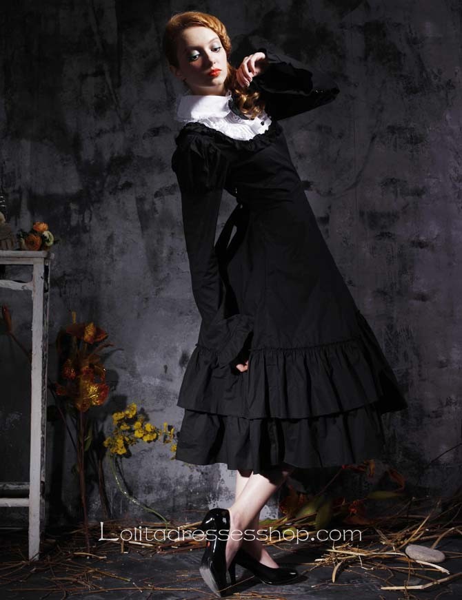 Black Turndown Collar Long Sleeve Empire Tea-length Gothic Lolita Dress With Ruffles And Bows