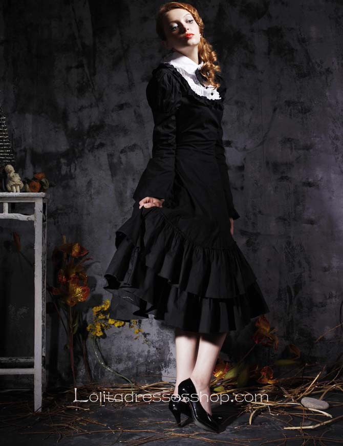 Black Turndown Collar Long Sleeve Empire Tea-length Gothic Lolita Dress With Ruffles And Bows