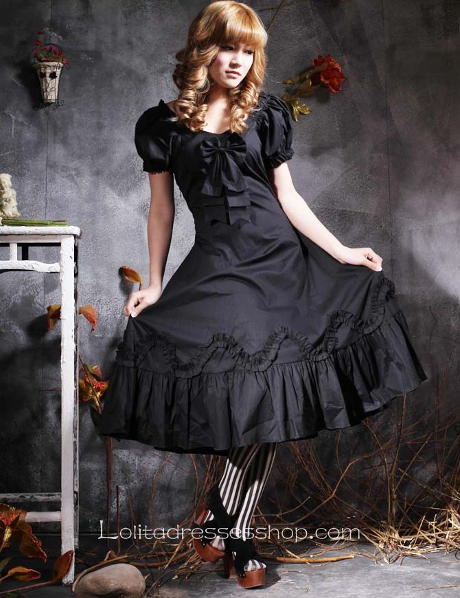 Black Square-collar Short Sleeve Natural Tea-length Cotton Gothic Lolita Dress With Bow