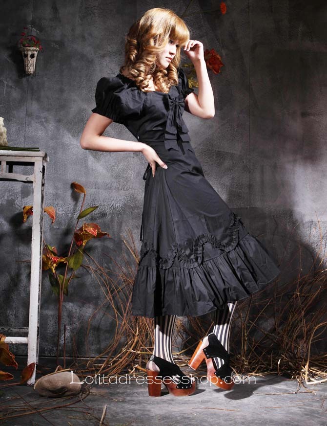 Black Square-collar Short Sleeve Natural Tea-length Cotton Gothic Lolita Dress With Bow