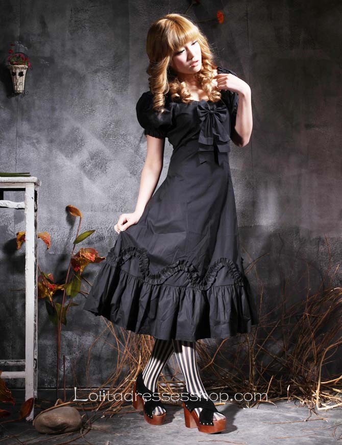 Black Square-collar Short Sleeve Natural Tea-length Cotton Gothic Lolita Dress With Bow
