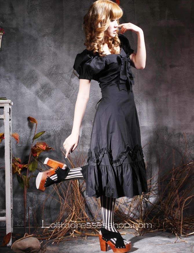 Black Square-collar Short Sleeve Natural Tea-length Cotton Gothic Lolita Dress With Bow