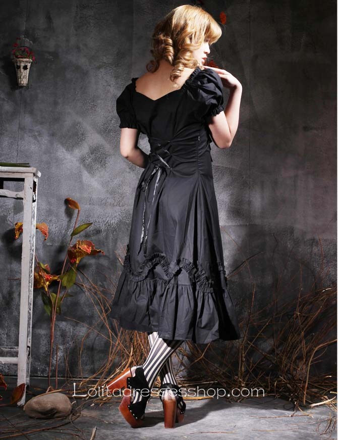 Black Square-collar Short Sleeve Natural Tea-length Cotton Gothic Lolita Dress With Bow