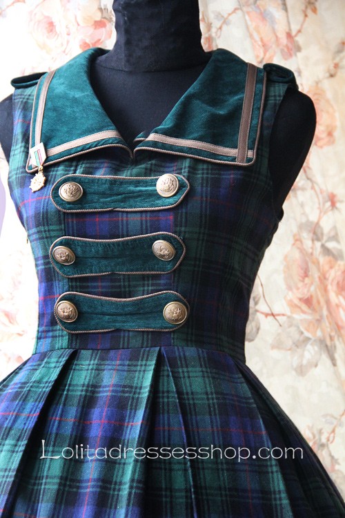 Knee-length Blackish Green Plaid Embroidery Lolita Dress