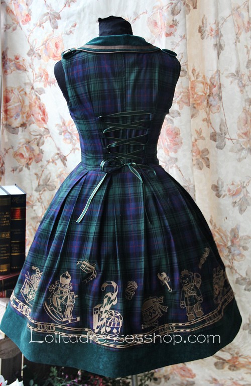 Knee-length Blackish Green Plaid Embroidery Lolita Dress