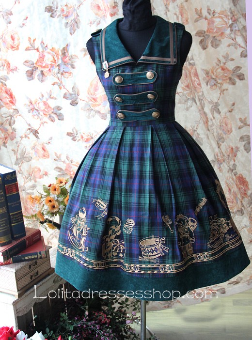 Knee-length Blackish Green Plaid Embroidery Lolita Dress