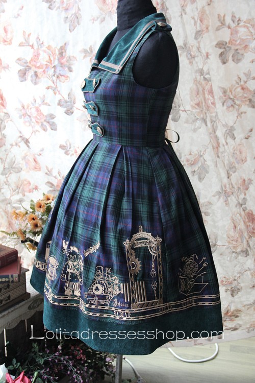 Knee-length Blackish Green Plaid Embroidery Lolita Dress