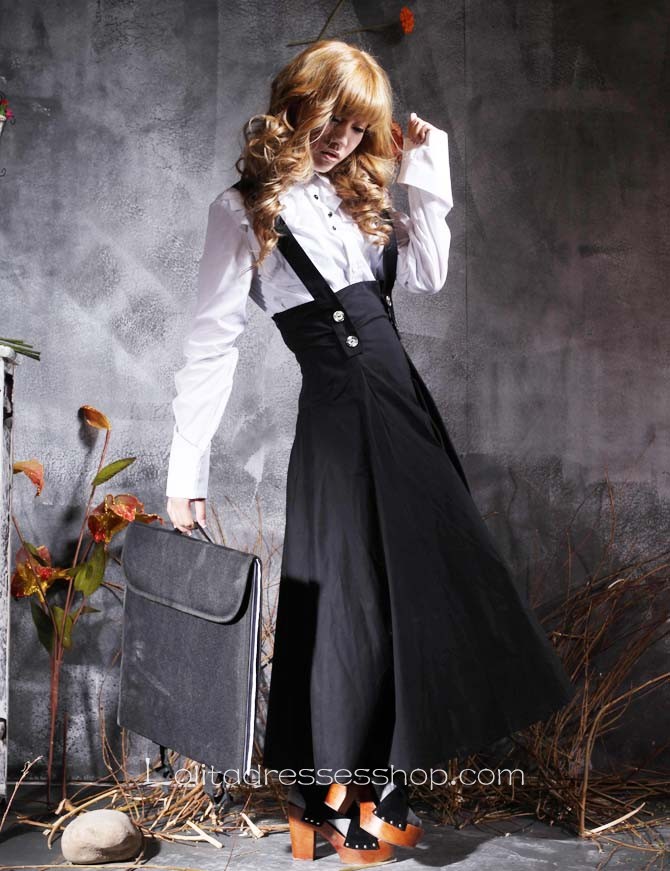 Modern White Black Turndown Collar Long Sleeves Cotton Gothic Lolita Dress With Ruffles