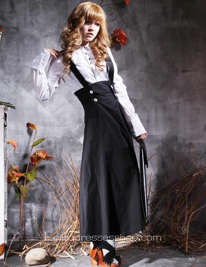 Modern White Black Turndown Collar Long Sleeves Cotton Gothic Lolita Dress With Ruffles