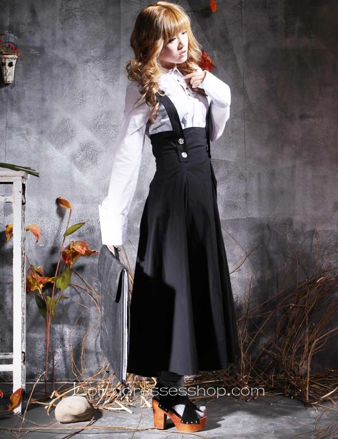 Modern White Black Turndown Collar Long Sleeves Cotton Gothic Lolita Dress With Ruffles