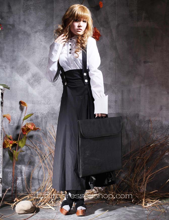 Modern White Black Turndown Collar Long Sleeves Cotton Gothic Lolita Dress With Ruffles