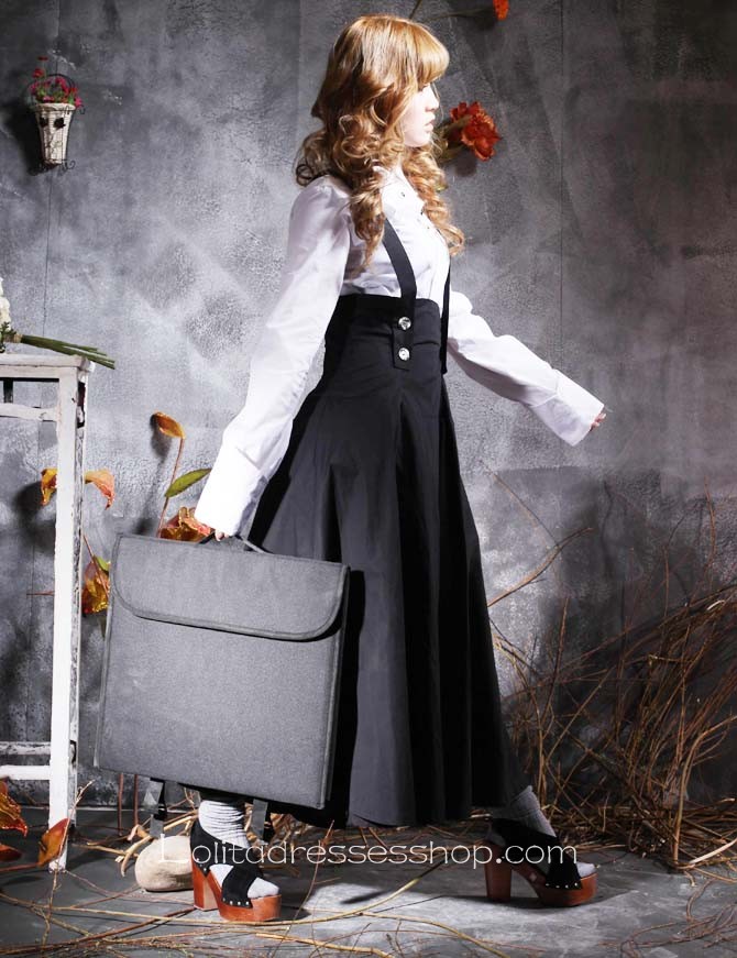 Modern White Black Turndown Collar Long Sleeves Cotton Gothic Lolita Dress With Ruffles