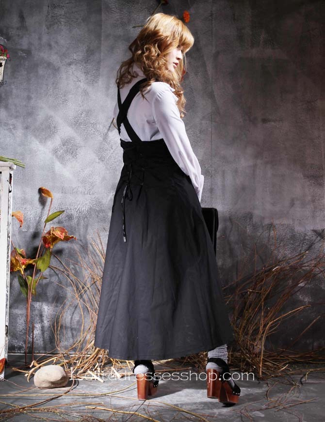 Modern White Black Turndown Collar Long Sleeves Cotton Gothic Lolita Dress With Ruffles