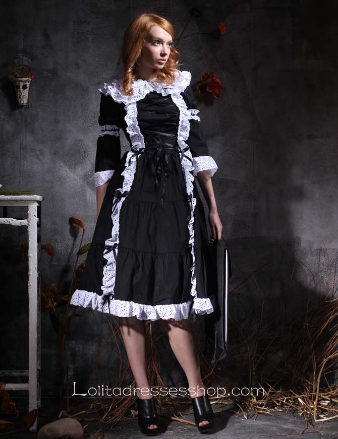 Popular Lace Collar Black And White Half Sleeve Gothic Lolita Dress With Ruffles Decoration