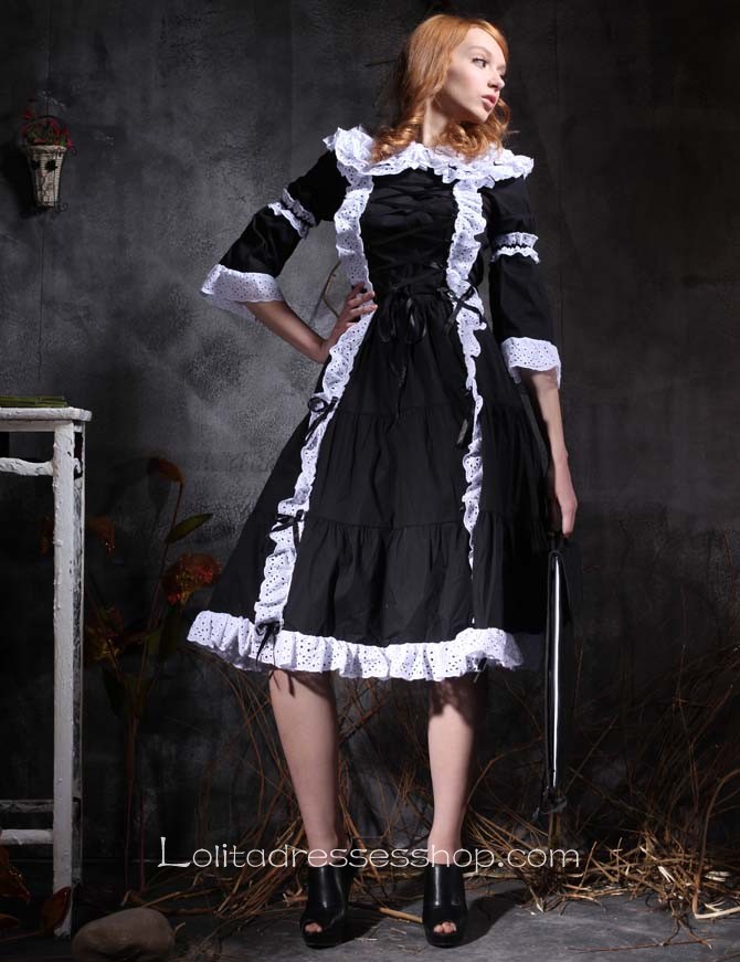 Popular Lace Collar Black And White Half Sleeve Gothic Lolita Dress With Ruffles Decoration