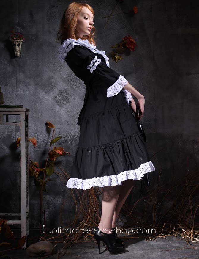 Popular Lace Collar Black And White Half Sleeve Gothic Lolita Dress With Ruffles Decoration