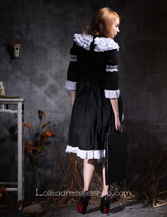 Popular Lace Collar Black And White Half Sleeve Gothic Lolita Dress With Ruffles Decoration