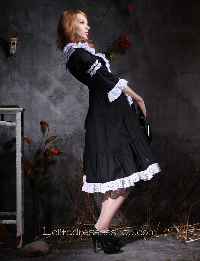 Popular Lace Collar Black And White Half Sleeve Gothic Lolita Dress With Ruffles Decoration