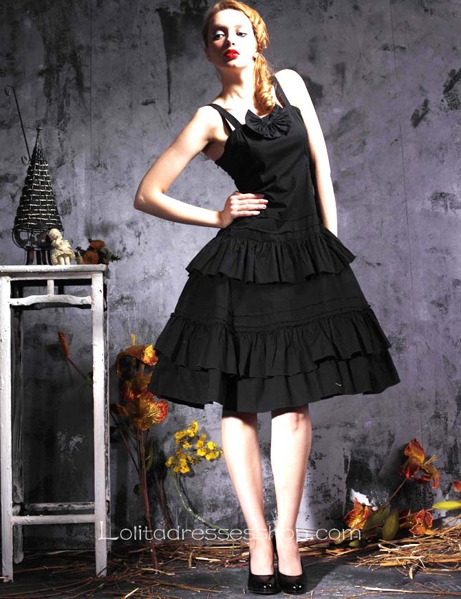 Black Cotton Spaghetti Straps Sleeveless Gothic Lolita Dress With Tiers