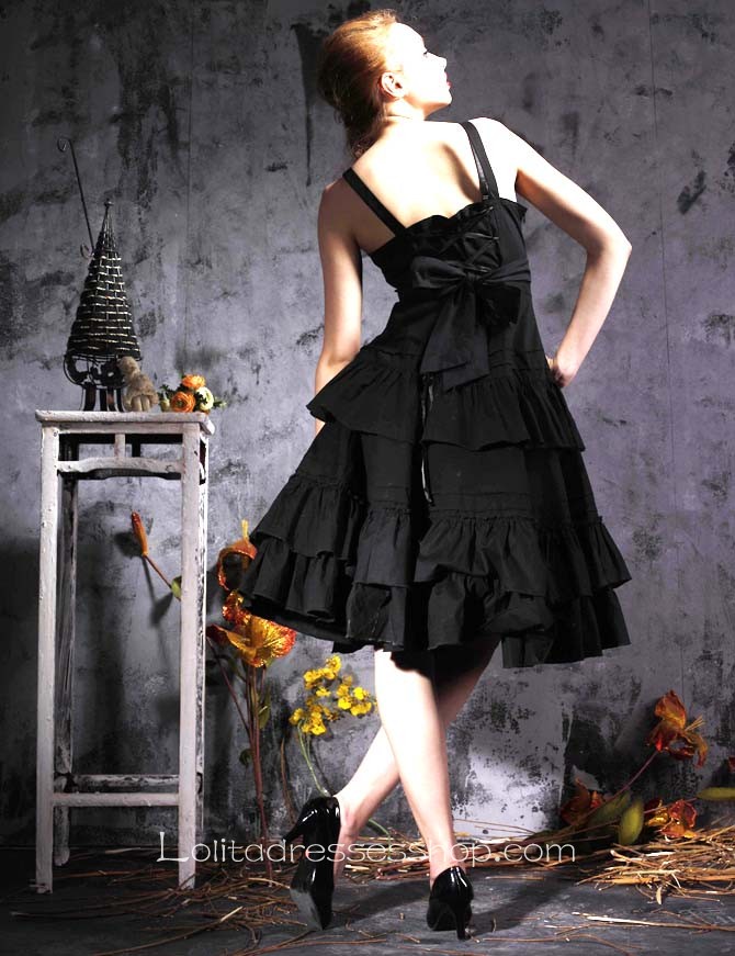 Black Cotton Spaghetti Straps Sleeveless Gothic Lolita Dress With Tiers