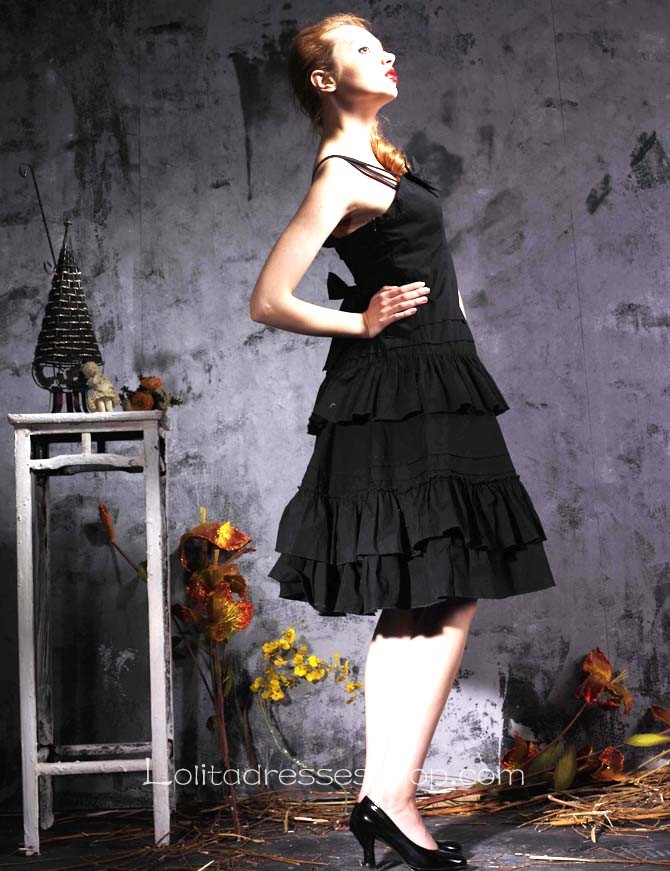 Black Cotton Spaghetti Straps Sleeveless Gothic Lolita Dress With Tiers