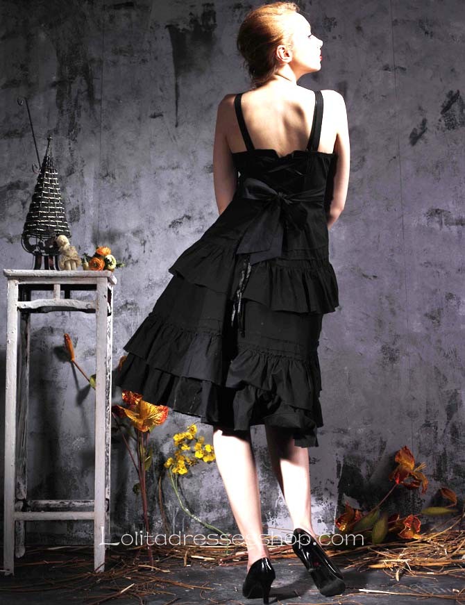 Black Cotton Spaghetti Straps Sleeveless Gothic Lolita Dress With Tiers