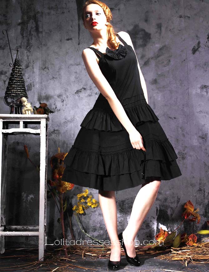 Black Cotton Spaghetti Straps Sleeveless Gothic Lolita Dress With Tiers