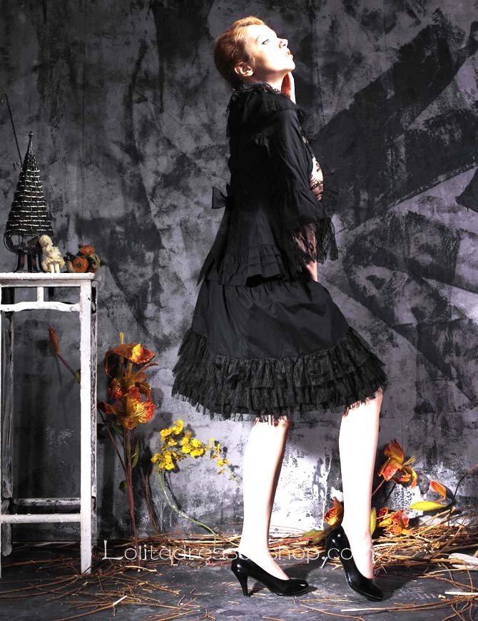 Gothic Black Scoop Half Sleeve Knee-length Lolita Dress With Lace Ruffles