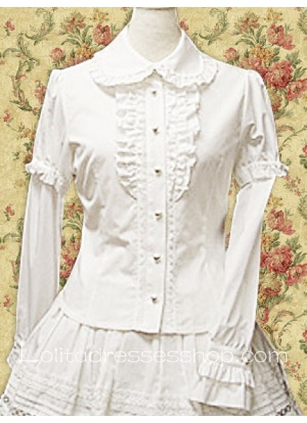 White Cotton Turndown Collar Long Sleeve Classic Lolita Blouse With ruffles