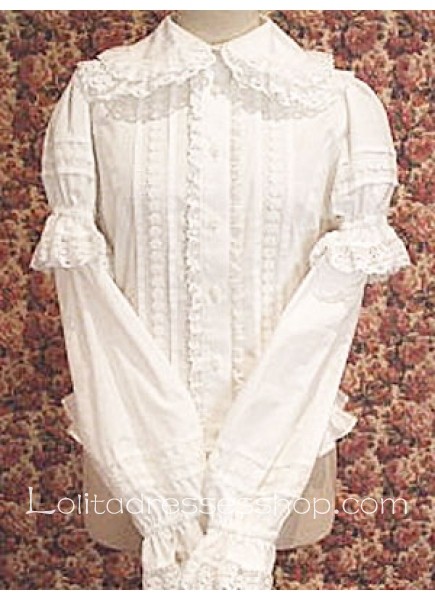 White Cotton Turndown Collar Long Sleeves Classic Lolita Dress With Ruffles