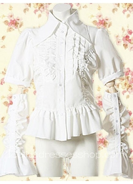 White Cotton Turndown Collar Short Sleeves Lolita Blouse With Ruffles