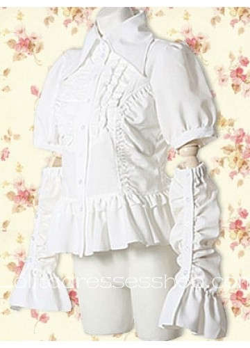 White Cotton Turndown Collar Short Sleeves Lolita Blouse With Ruffles