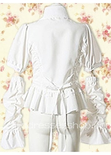 White Cotton Turndown Collar Short Sleeves Lolita Blouse With Ruffles