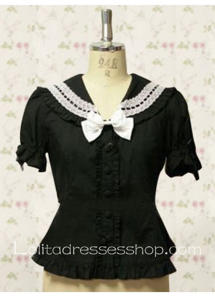 Black Cotton Turndown Collar Short Sleeves Lolita Cotton Blouse