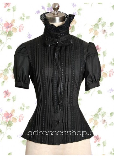 Quality Black Stand Collar Short Sleeves Cotton Lolita Blouse With Bow