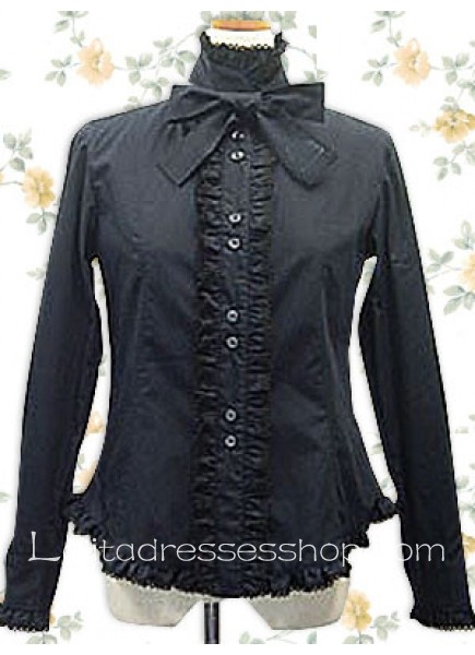 Black Cotton Stand Collar Long Sleeve Lolita Blouse With Bow Ruffles