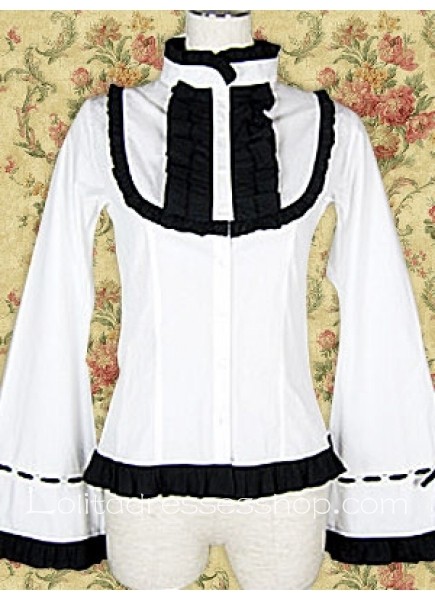 White And Black Cotton Stand-up Collar Long Sleeves Lolita Blouse With Ruffles